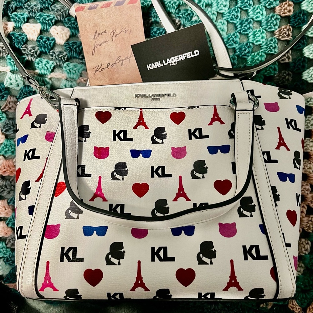 Karl Lagerfeld White Multicolor Iconic Print Shoulder Bag